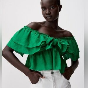Linen Green Women's Ruffle Top Zara